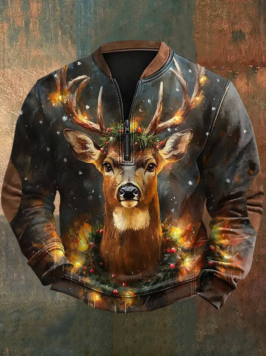 Men's Christmas Elk Print Zip-Up Sweatshirt