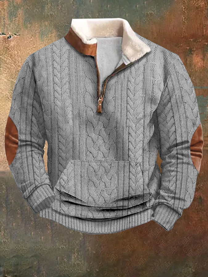 Men's Vintage Textured Knitted Zipper Neck Long Sleeve Sweatshirt