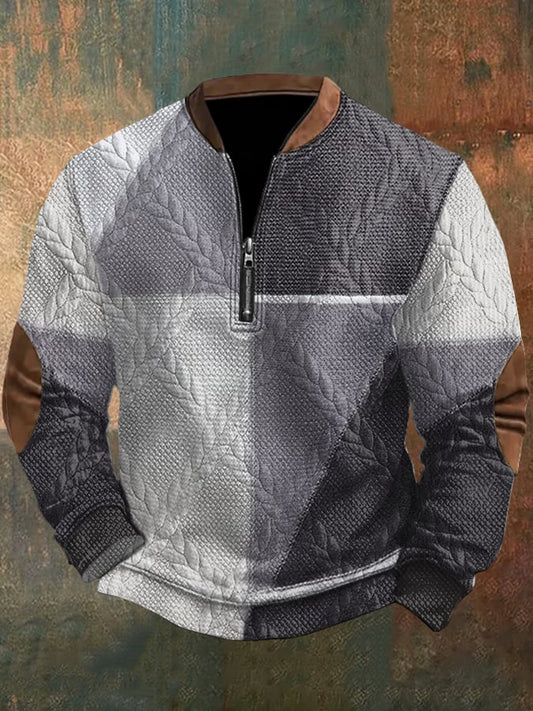 Men's Retro Western Design Jacquard Fabric Zipper Neck Sweatshirt