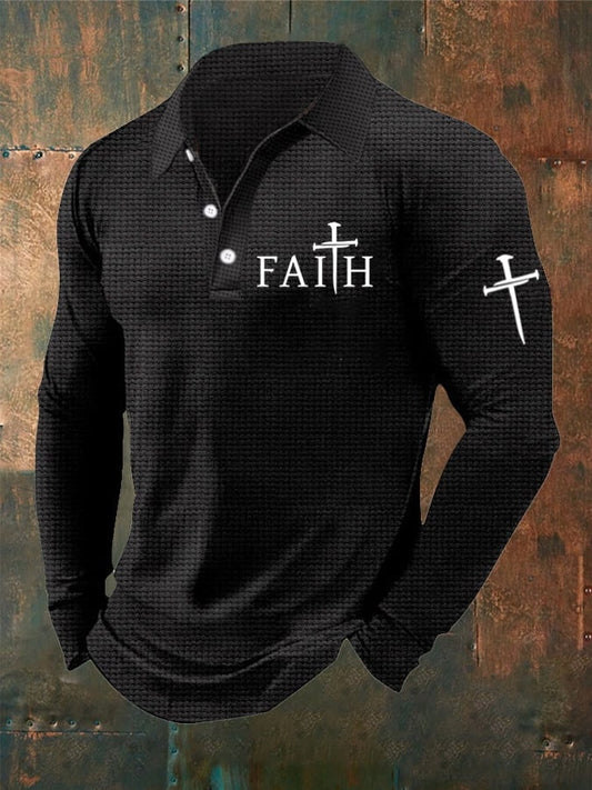 Men's Faith Print Waffle Long Sleeve Polo Shirt