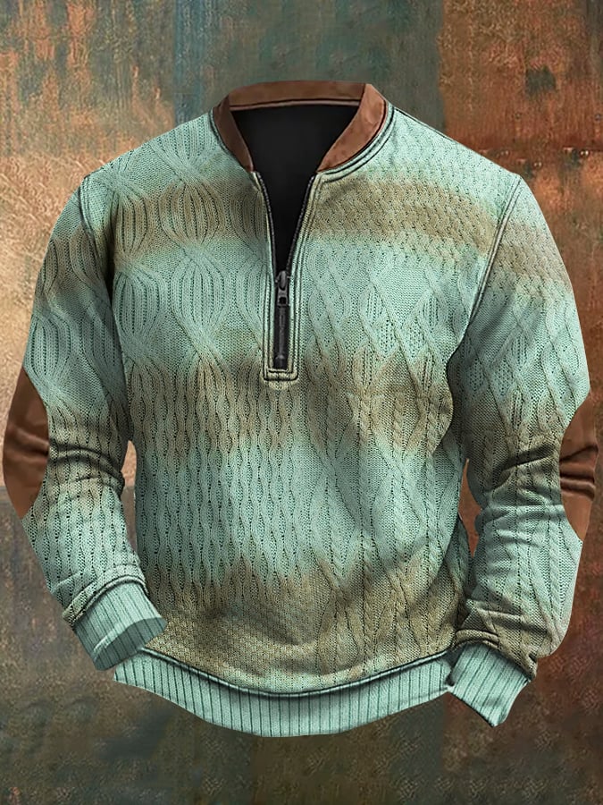 Men's Vintage Western Knit Print Zip-Neck Sweatshirt