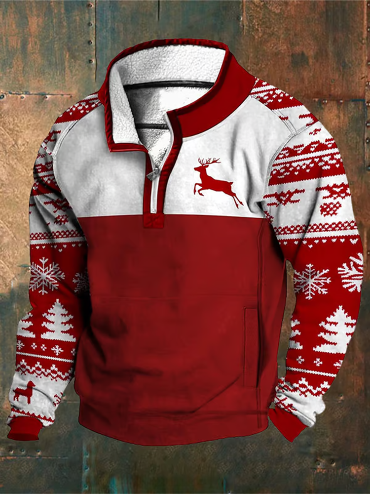 Men's Santa's Deer Pattern Stand Collar Button Sweatshirt