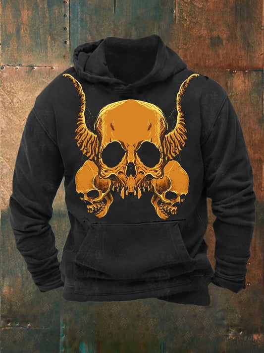 Men's Retro Bleached Skull Print Hooded Sweatshirt