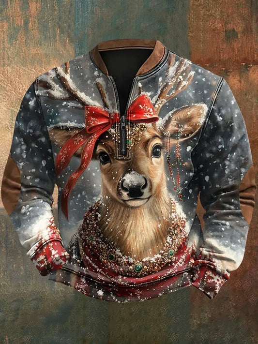 Men's Christmas Elk Print Zip-Up Sweatshirt