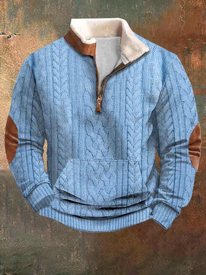 Men's Vintage Textured Knitted Zipper Neck Long Sleeve Sweatshirt