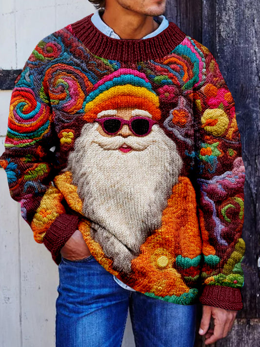 Men's Groovy Hippie Santa Embroidery Cozy Sweater