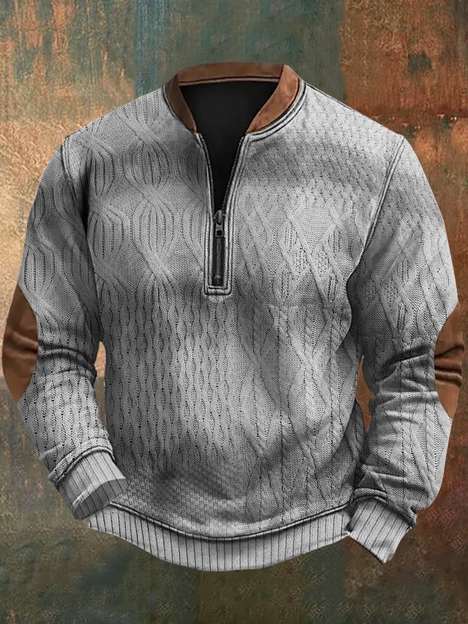 Men's Vintage Western Knit Print Zip-Neck Sweatshirt