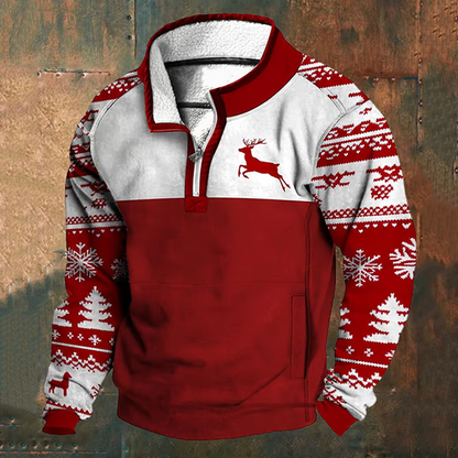 Men's Santa's Deer Pattern Stand Collar Button Sweatshirt