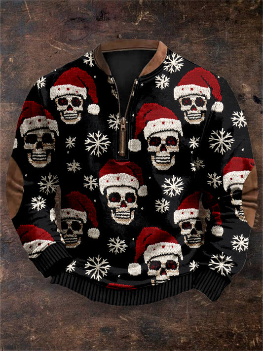 Men's Christmas Retro Skull Santa Embroidered Cozy Sweatshirt