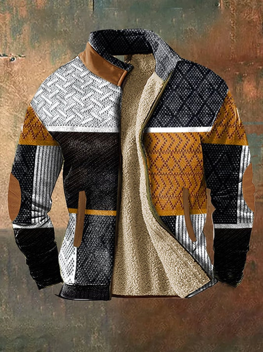 Men's retro western textured color block warm fleece jacket