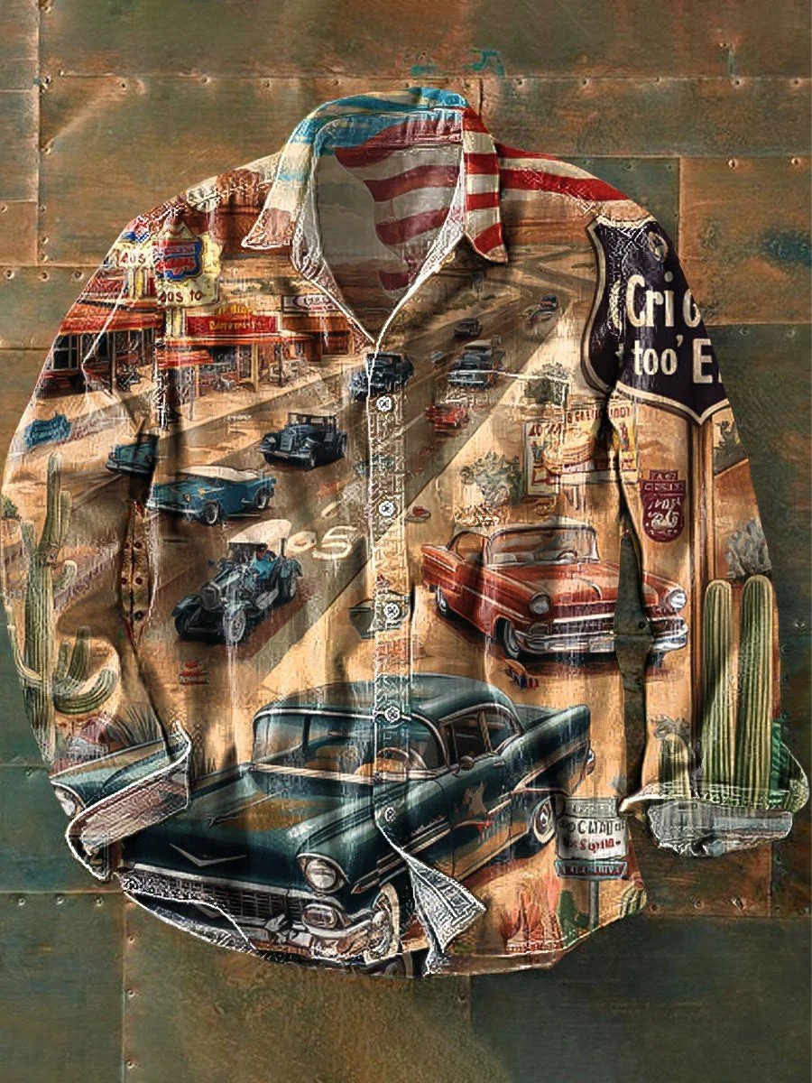 Men's Western Map Old Car Vintage Printed Lapel Long Sleeve Pocket Shirt