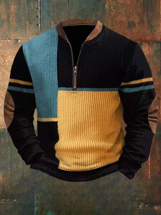 Men's Retro Western Textured  Print Zip-Up Knit Sweatshirt