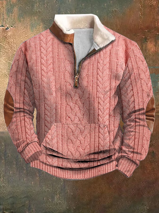 Men's Vintage Textured Knitted Zipper Neck Long Sleeve Sweatshirt