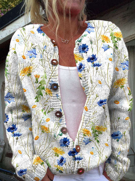 Vintage Bohemian Floral Art Print Cardigan met knopen