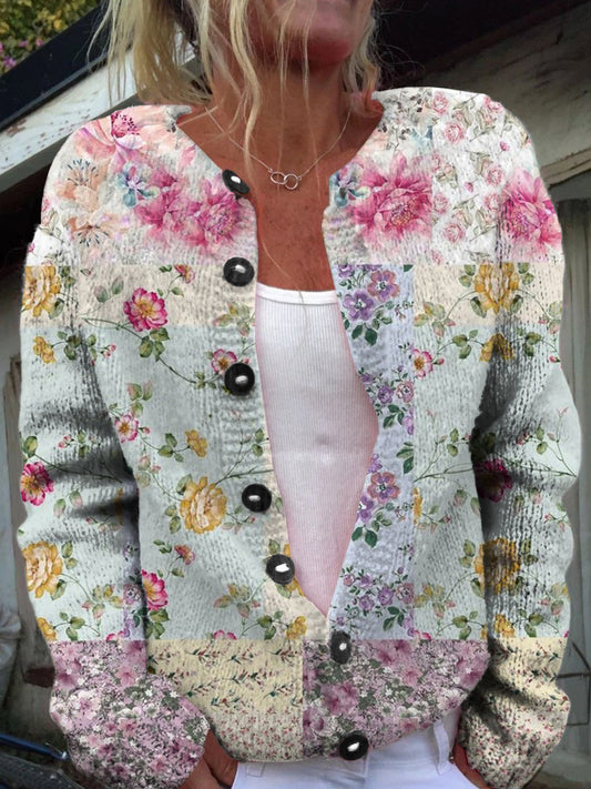 Vintage Bohemian Floral Art Print Cardigan met knopen