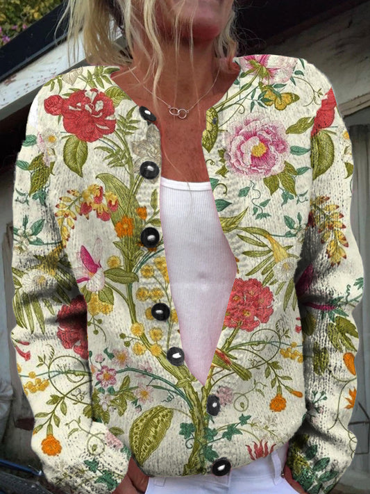 Vintage Bohemian Floral Art Print Cardigan met knopen