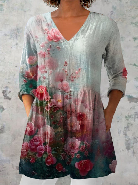 Dames vintage bloemen kunst print casual V-hals driekwart mouw elegant katoen linnen top