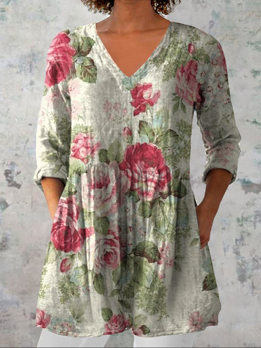 Dames vintage bloemen kunst print casual V-hals driekwart mouwen elegant katoen en linnen top