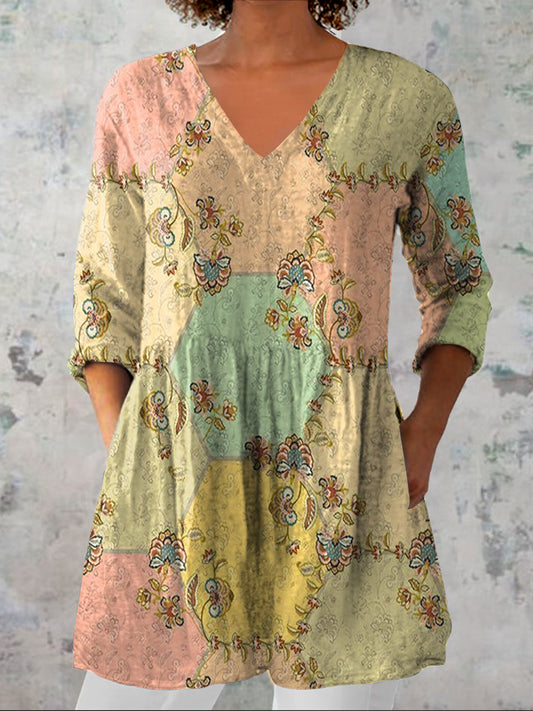 Dames vintage bloemen kunst print casual V-hals driekwart mouwen elegant katoen en linnen top