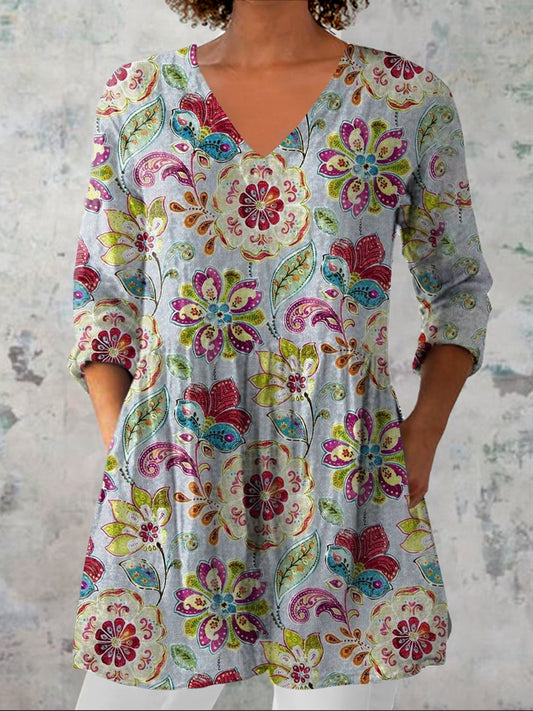 Dames vintage bloemen kunst print casual V-hals driekwart mouw elegant katoen en linnen top