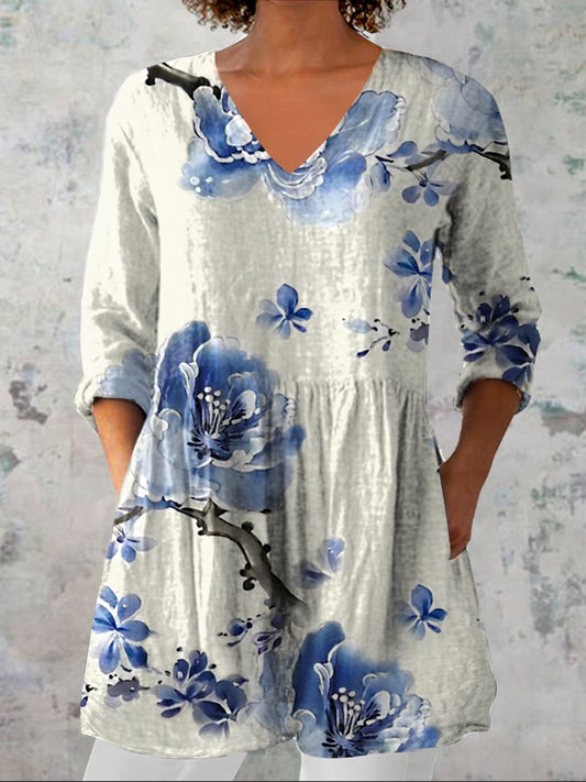 Dames vintage bloemen kunst print casual V-hals driekwart mouw elegant katoen en linnen top