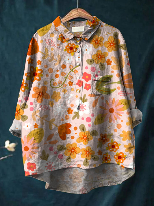 Dames vintage bloemen kunst print casual katoen en linnen ronde hals met knoop zak midi mouw shirt top