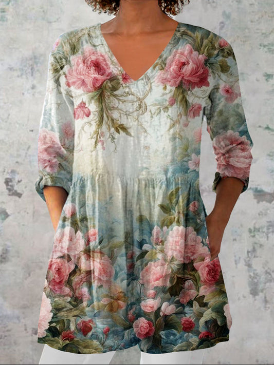 Dames vintage bloemen kunst print casual V-hals driekwart mouw elegant katoen linnen top