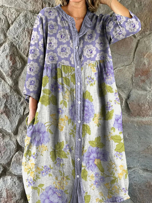 Retro Boho bloemenprint vintage chique V-hals met knoop lange mouwen midi-jurk