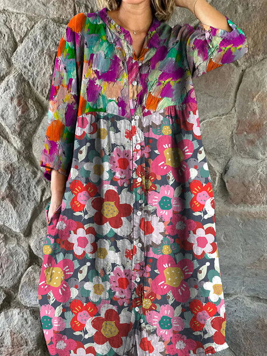 Retro Boho bloemenprint vintage chique V-hals met knoop lange mouwen midi-jurk