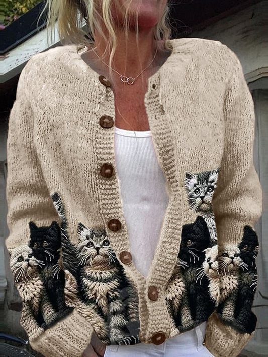 Elegante retro schattige kattenprint casual gebreide trui met lange mouwen