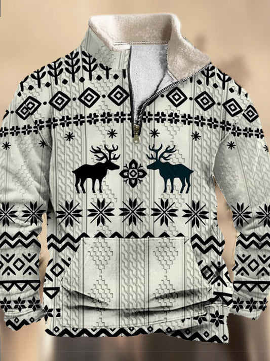 Cowboy kerstpatroon bedrukt westerndorp jachtlogo met ritssluiting V-hals buitenshuis dik sweatshirt