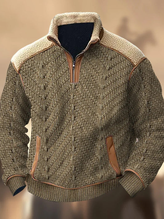 Retro-textuurpatroon bedrukt western polaire fleece met V-hals dik buitenshuis sweatshirt