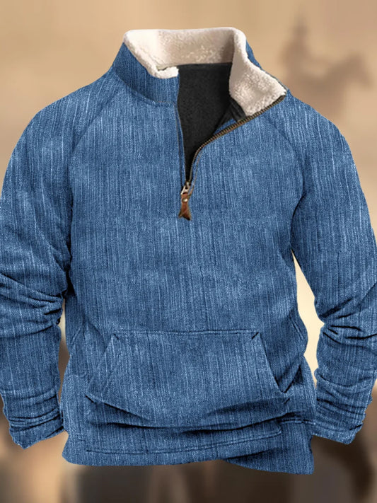 Retro-textuurpatroon bedrukt western polaire fleece met V-hals dik buitenshuis sweatshirt