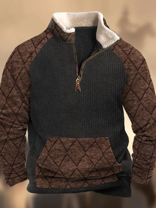 Retro-textuurpatroon bedrukt western polaire fleece met V-hals dik buitenshuis sweatshirt