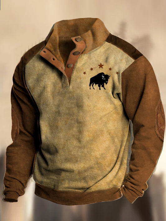 Retro Elk Patroon bedrukt western vintage Henry met V-hals en buitenshuis dik sweatshirt