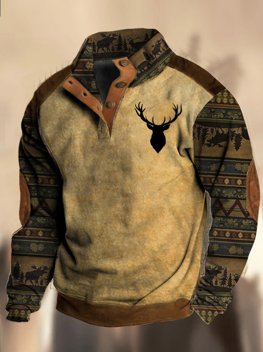 Retro Elk Patroon bedrukt western vintage Henry met V-hals en buitenshuis dik sweatshirt