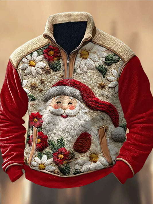 Santa Claus's Village Patroon Gedrukt Western Polar Fleece Splicing V-hals buiten dik sweatshirt