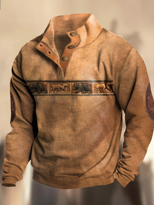 Retro cowboypatroon bedrukt western vintage Henry met V-hals en buitenshuis dik sweatshirt