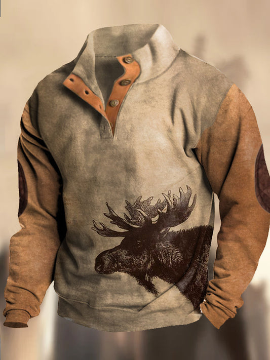 Retro cowboypatroon bedrukt western vintage Henry met V-hals en buitenshuis dik sweatshirt