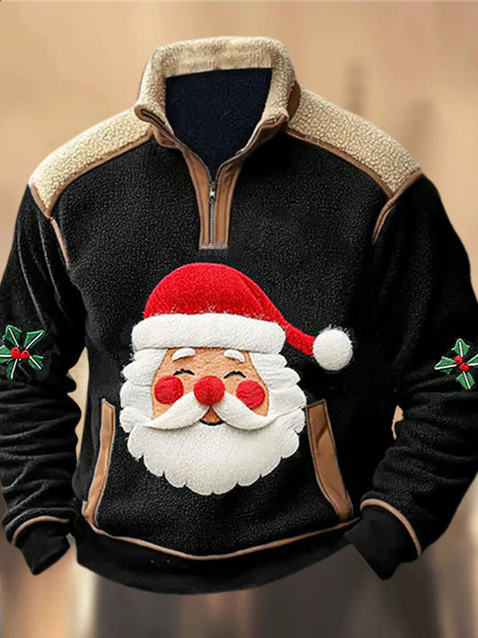 Santa Claus's Village Patroon Gedrukt Western Polar Fleece Splicing V-hals buiten dik sweatshirt