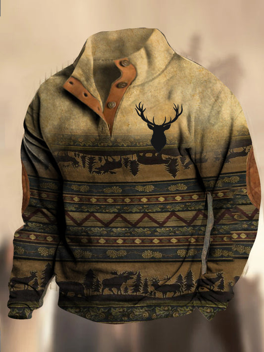 Retro Elk Patroon bedrukt western vintage Henry met V-hals en buitenshuis dik sweatshirt