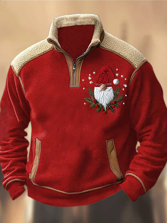 Santa Claus's Village Patroon Gedrukt Western Polar Fleece Splicing V-hals buiten dik sweatshirt