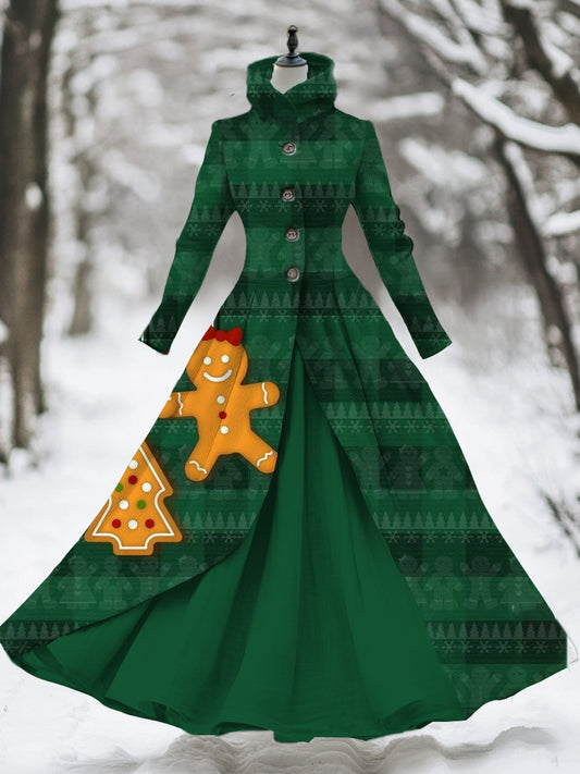 Damen-Vintage-Weihnachtskunst-Kunstdruck-Stehkragen mit langen Ärmeln 50s elegantes, schlankes Midi-Gefälschtes zweiteiliges Kleid