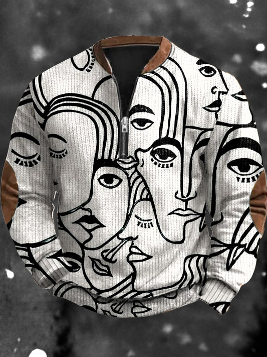 Vintage Kunstdruck Design V-Ausschnitt Reiß verschluss Langarm Pullover Sweatshirt