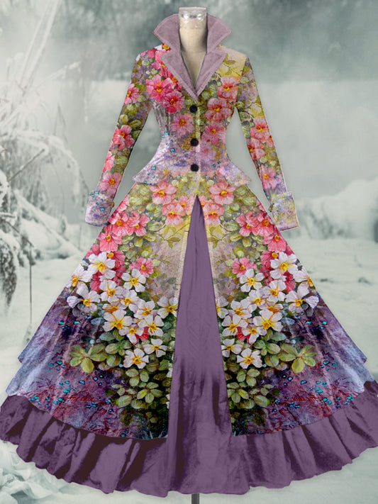 Retro-Blumen kunst bedruckt Vintage Elegantes Revers V-Ausschnitt mit Knöpfen Doppel-Saum Langarm-Midi kleid