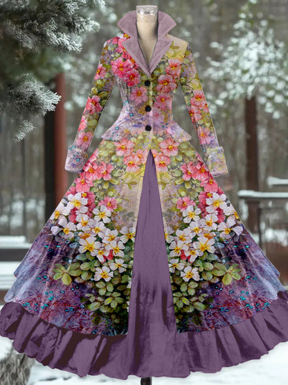 Retro-Blumen kunst bedruckt Vintage Elegantes Revers V-Ausschnitt mit Knöpfen Doppel-Saum Langarm-Midi kleid