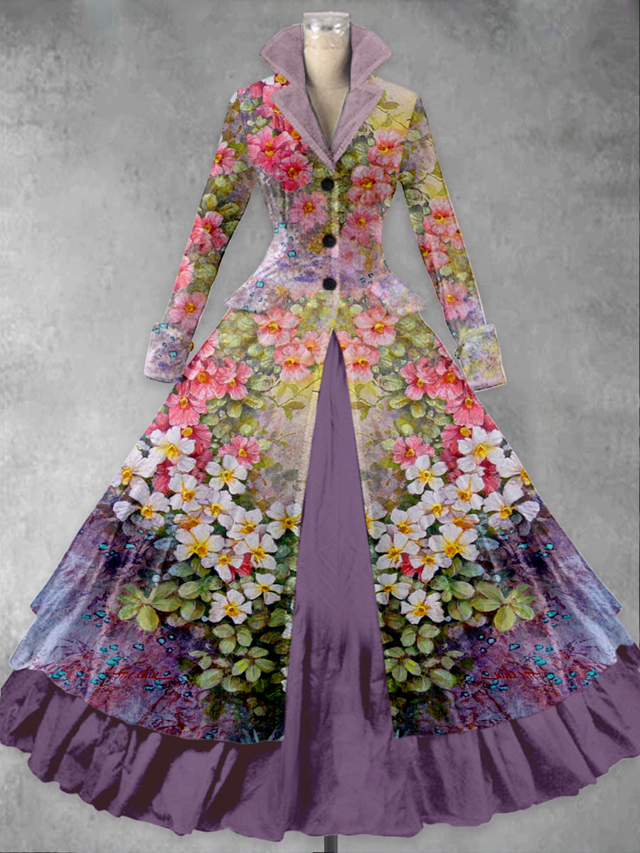 Retro-Blumen kunst bedruckt Vintage Elegantes Revers V-Ausschnitt mit Knöpfen Doppel-Saum Langarm-Midi kleid