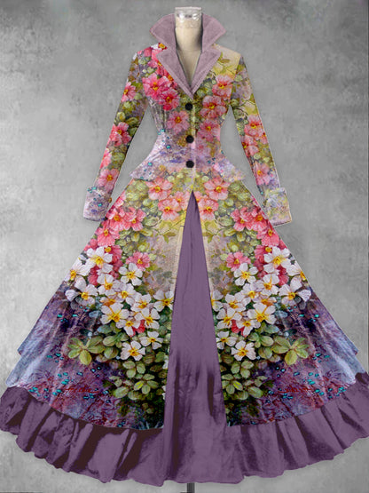 Retro-Blumen kunst bedruckt Vintage Elegantes Revers V-Ausschnitt mit Knöpfen Doppel-Saum Langarm-Midi kleid