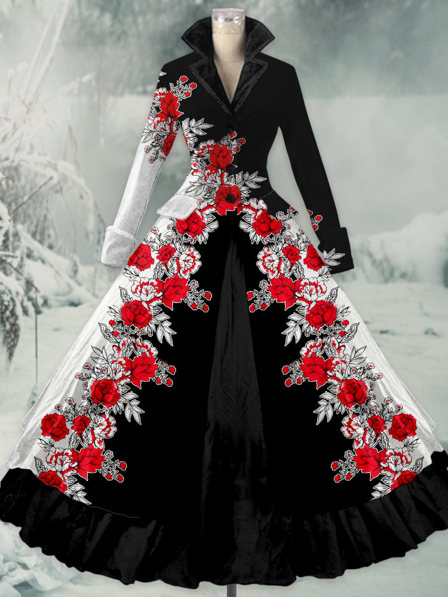 Retro-Blumen kunst bedruckt Vintage Elegantes Revers V-Ausschnitt mit Knöpfen Doppel-Saum Langarm-Midi kleid