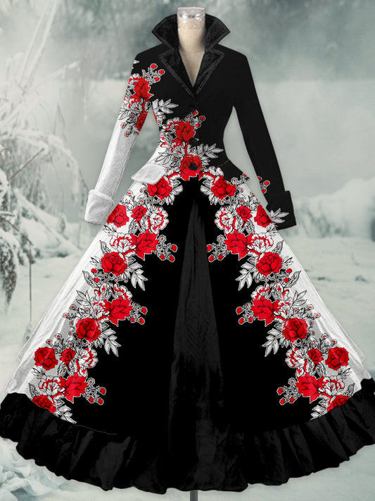 Retro-Blumen kunst bedruckt Vintage Elegantes Revers V-Ausschnitt mit Knöpfen Doppel-Saum Langarm-Midi kleid